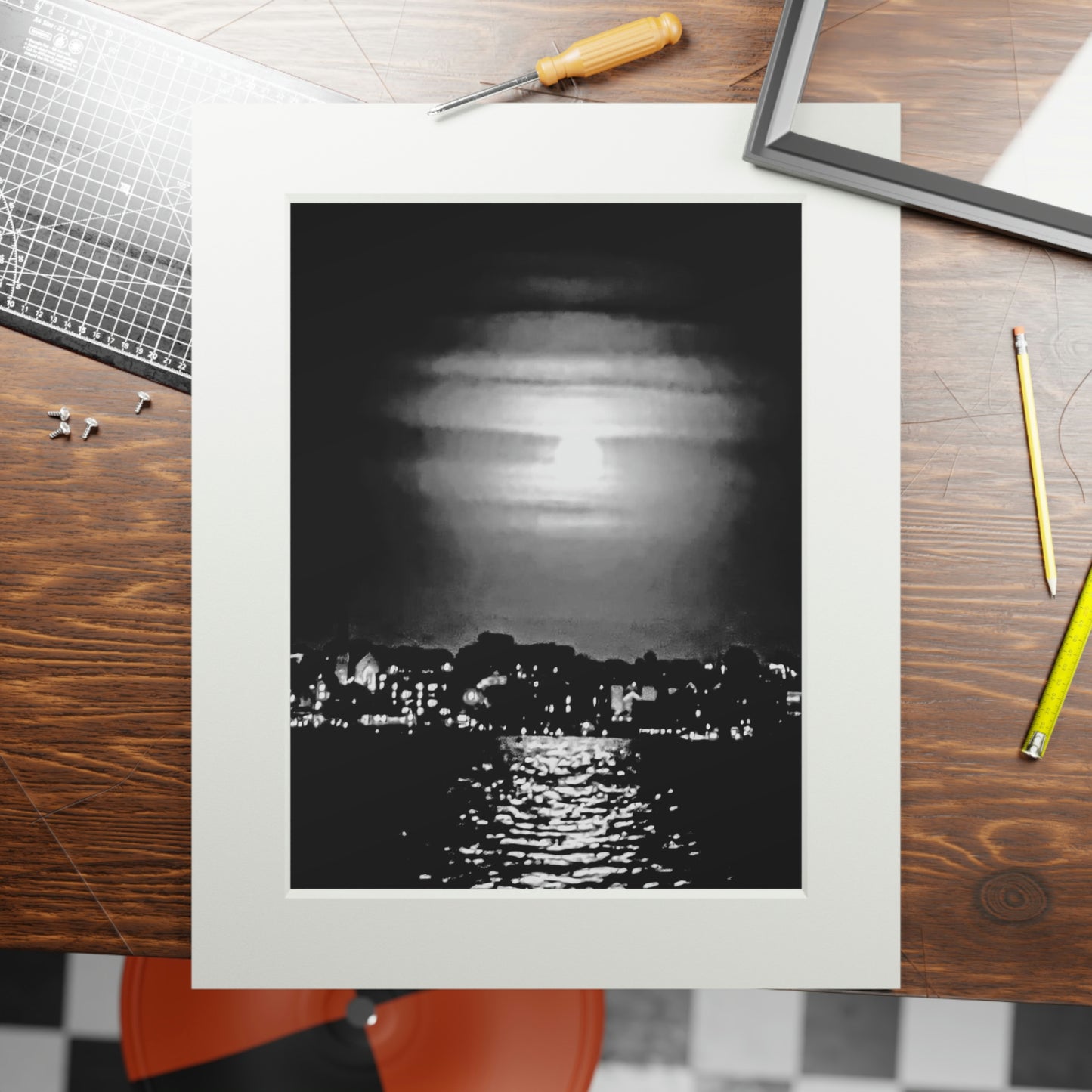 Tail-Whip Hunters Moon over Newport Harbor Fine Art Prints (Passepartout Paper Frame)
